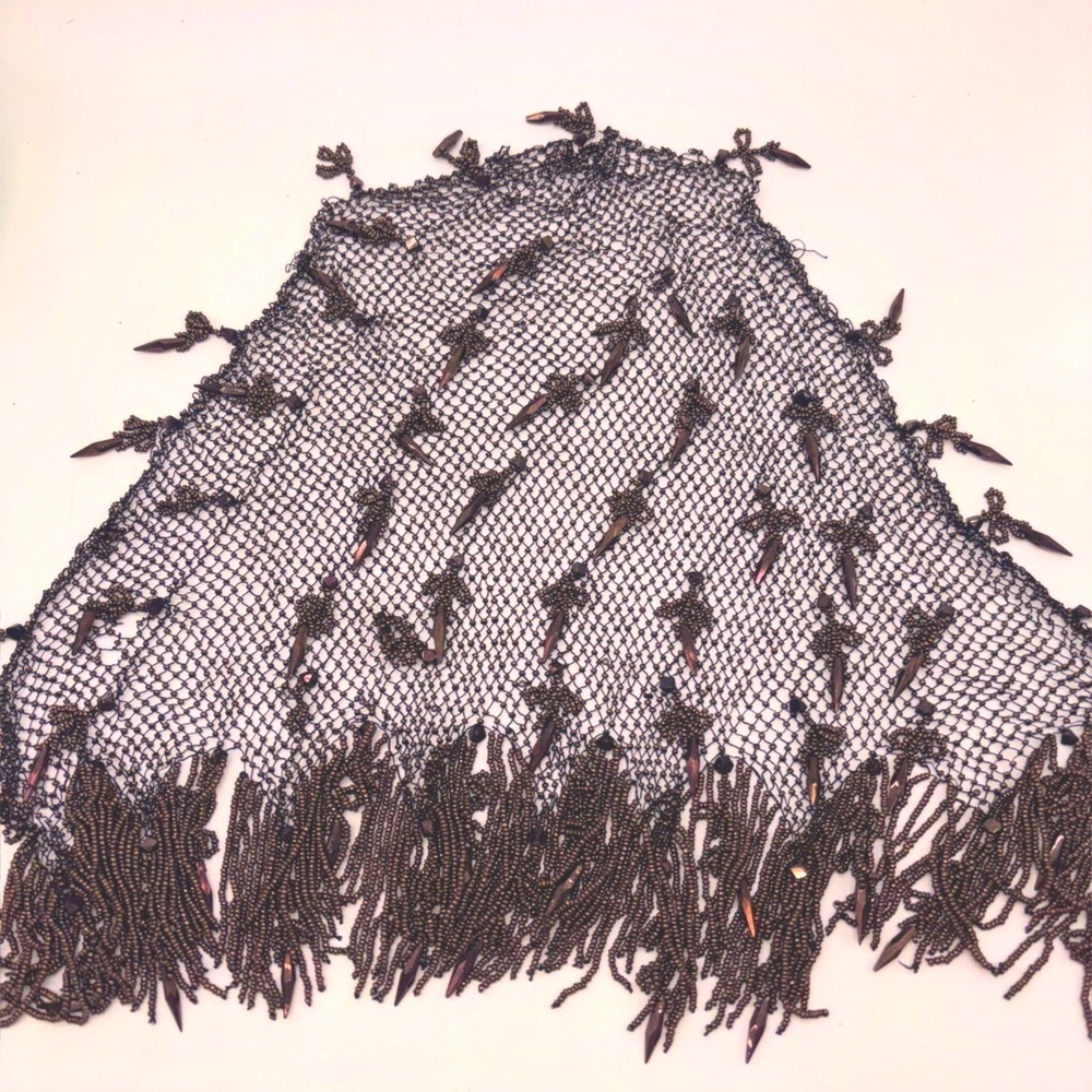 1920s Vintage European Copper Brown Beaded Mesh Fringe Capelet or Shawl Art Deco